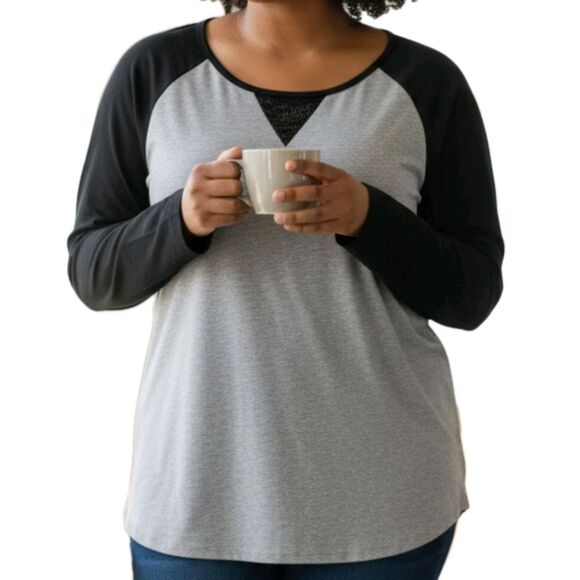 Denim&Co Tops - Denim & Co. Active Women's Top 1X Sequin Neckline Accent Contrasting Blue Sleeve